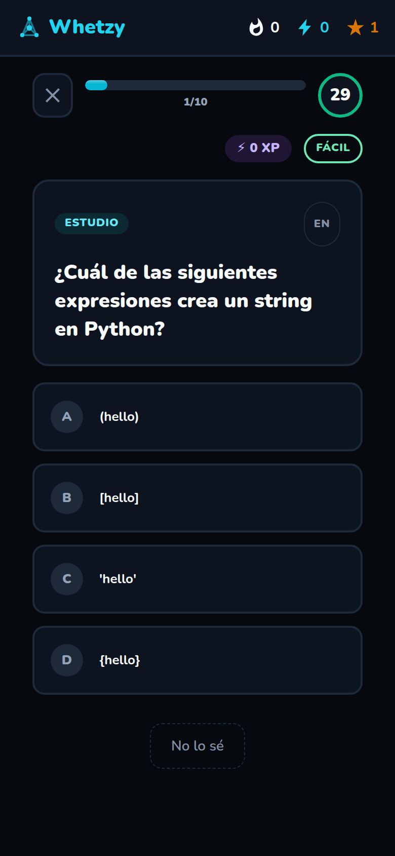 Pantalla real de una sesión de Whetzy: una pregunta de Python con cuatro opciones